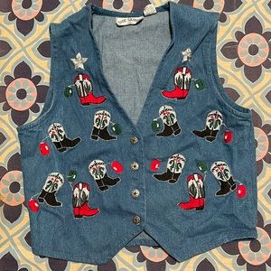 VINTAGE EMBROIDERED COWBOY BOOT WESTERN JEAN VEST